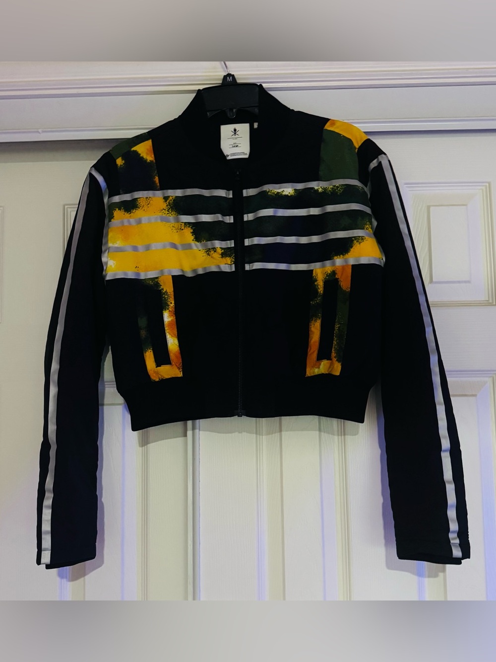 Jeremy Scott x Adidas Black Cropped Puffer Jacket with Yellow and Green Accents